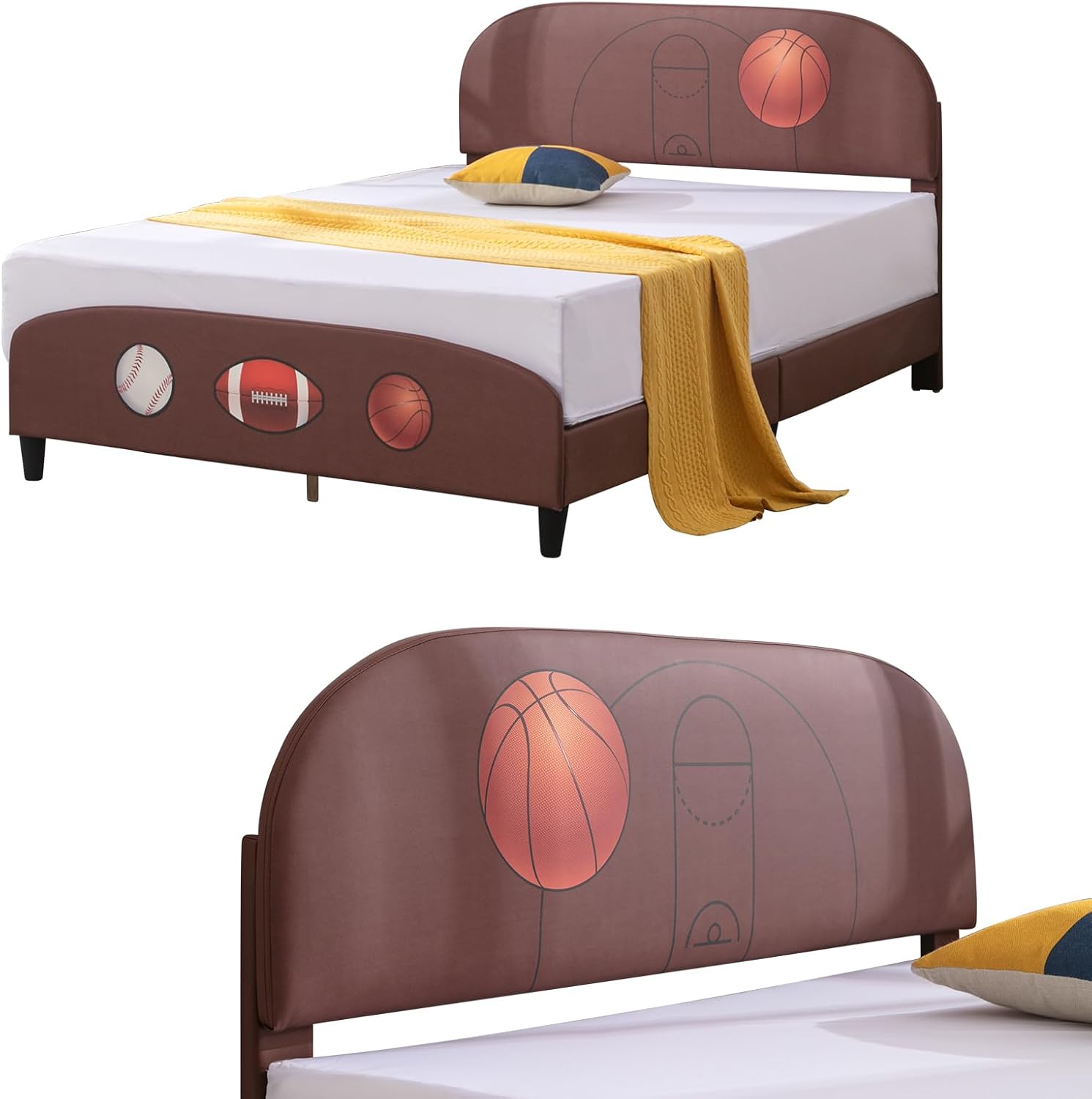 Zafly – Marco de cama matrimonial para niños, marco de cama tapizado de madera con soporte de listones, marco de cama para niños con cabecera