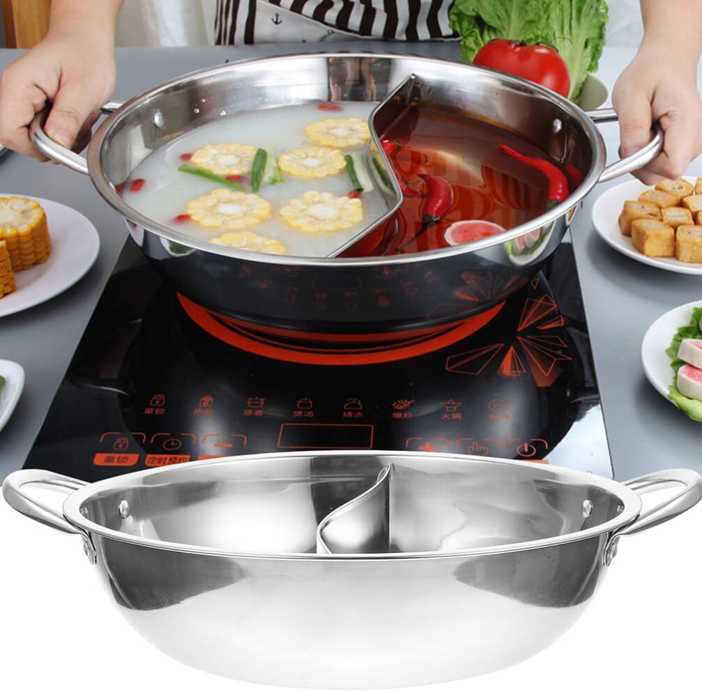 Tofficu Olla caliente con divisor, olla dividida de acero inoxidable de 11 pulgadas, olla caliente olla doble para estufa de inducción de gas