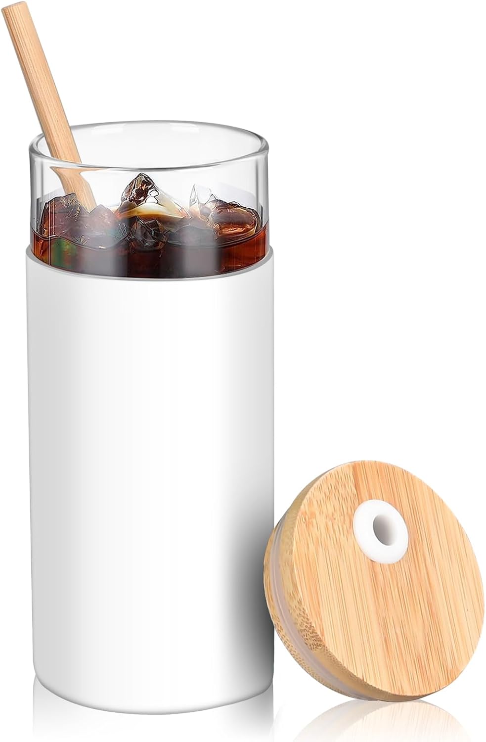 Vaso de vidrio de 20 onzas con popote y tapa, taza de café helado con funda protectora de silicona aislada antideslizante, vasos para agua, café,