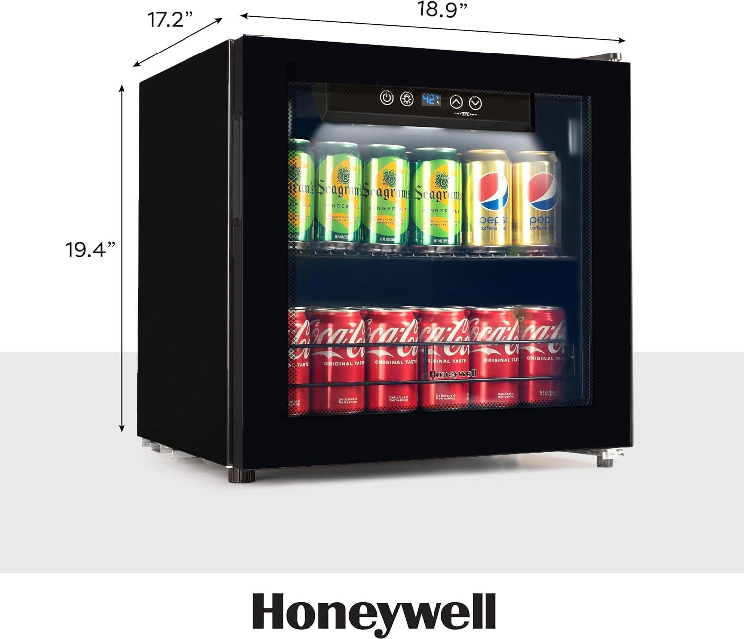 Honeywell Refrigerador y enfriador de bebidas, mini refrigerador de 48 latas con puerta de vidrio para cerveza de soda o vino para oficina o bar con