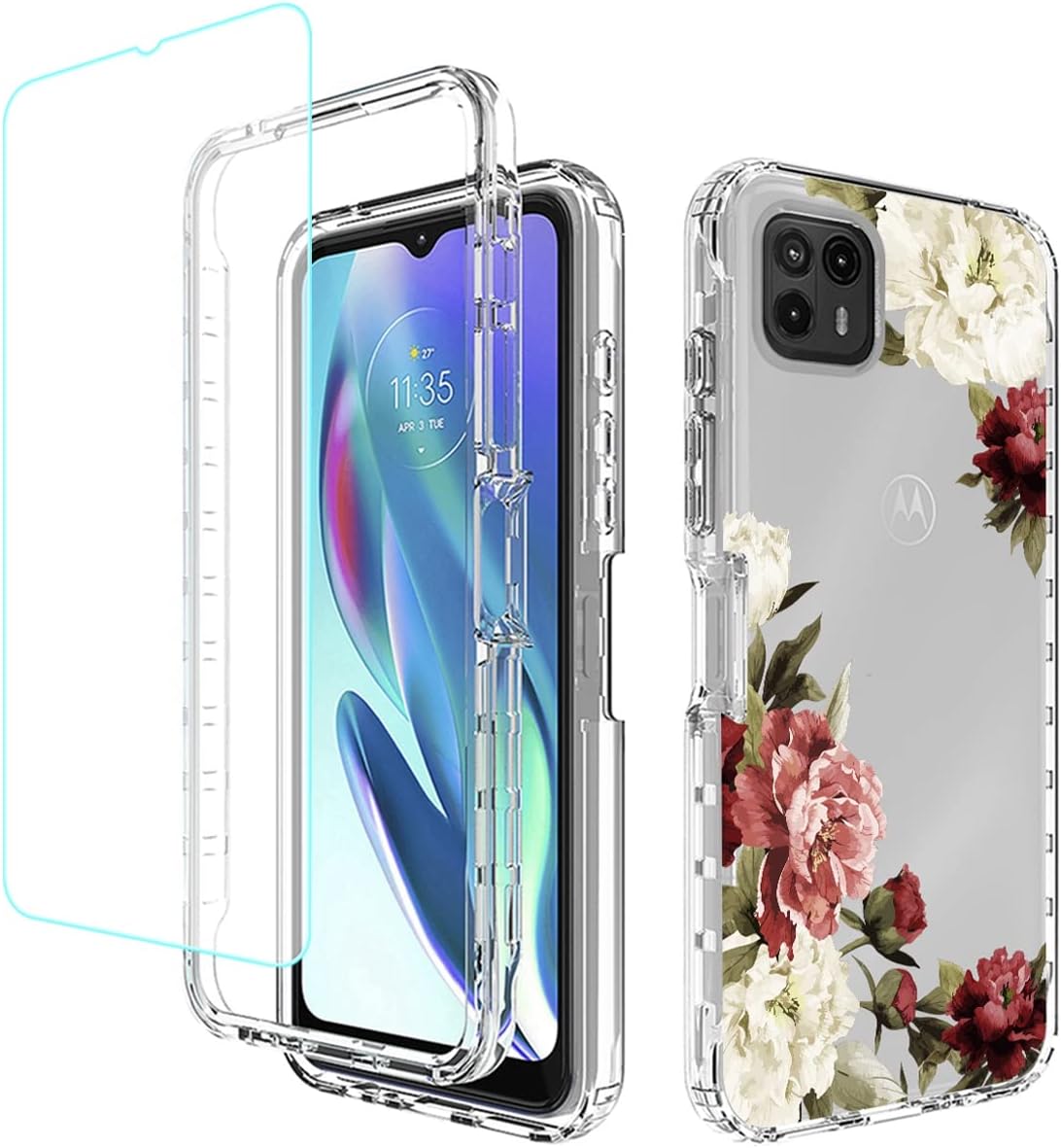 Funda para Moto G50 5G, Motorola G50 XT2149-1 con protector de pantalla de vidrio templado, bonito patrón floral transparente de cuerpo completo,