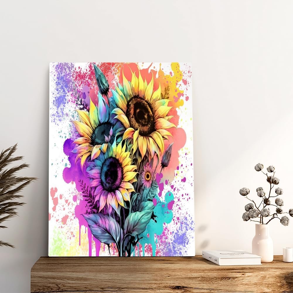 GUBIYU Decoración de baño, lienzo de girasol, arte para pared, acuarela, mariposa, flores, pintura floral, amarillo, rosa, morado, verde azulado,
