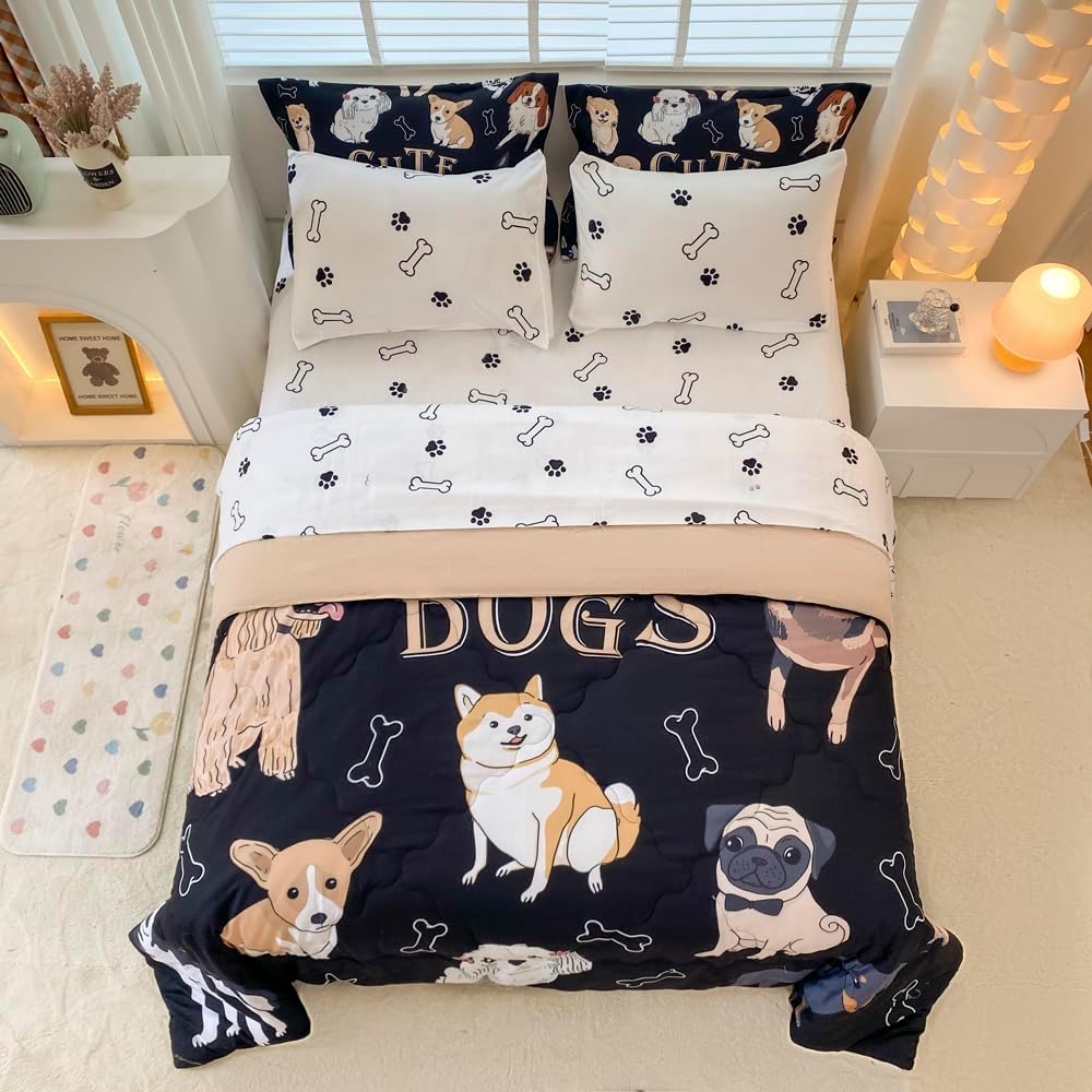 Wajade Juego de edredón de perro para niños, cama tamaño individual en una bolsa para niñas y niños, 7 piezas con estampado de cachorros de