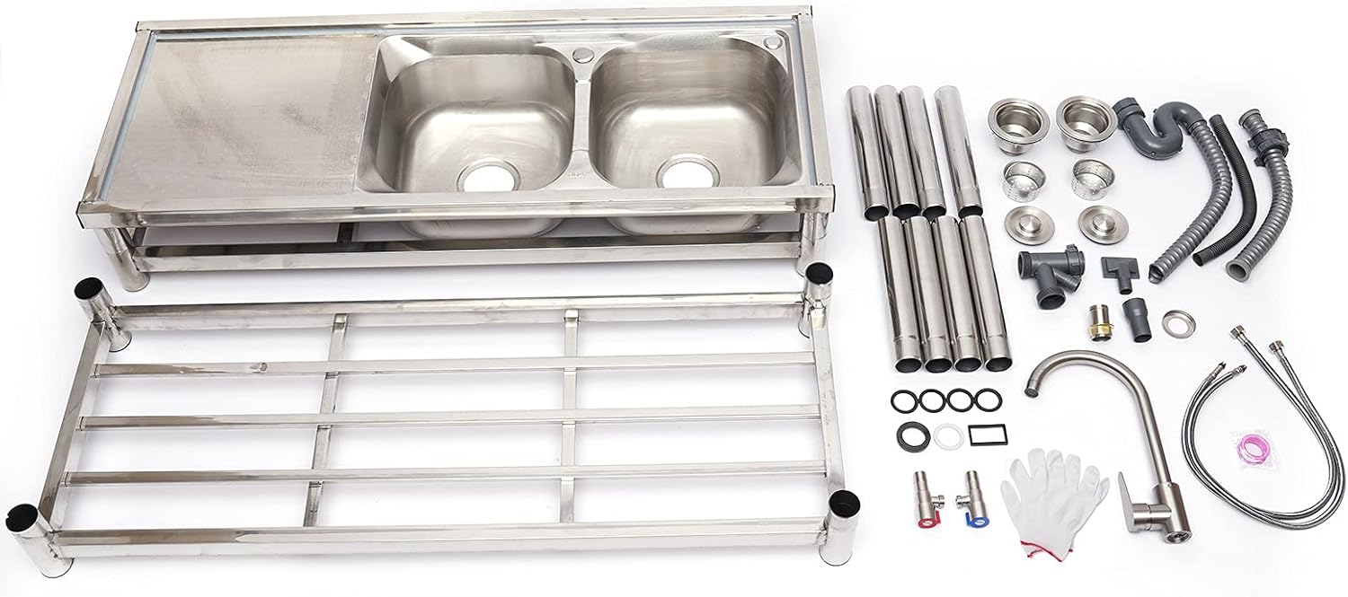 Fregadero de cocina comercial, fregadero de acero inoxidable de 2 compartimentos, fregadero de restaurante independiente, mesa de preparación de