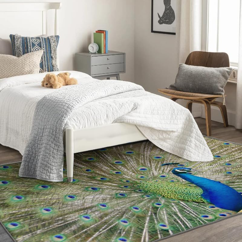 Alfombras de pavo real para entrada, dormitorio, sala de estar, alfombra de plumas de pájaro de 2 x 3 pies, lavable, antideslizante, suave, alfombra