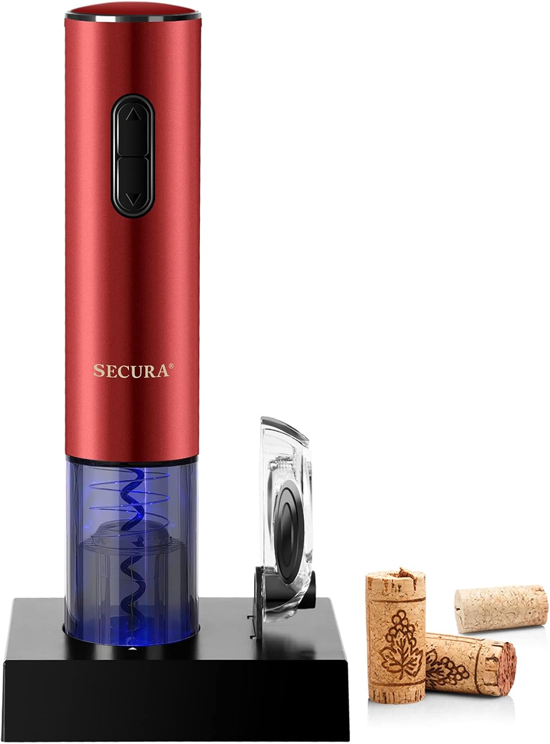 Secura Abridor de vino eléctrico, sacacorchos eléctrico automático de botellas de vino con cortador de papel de aluminio, recargable (rojo)