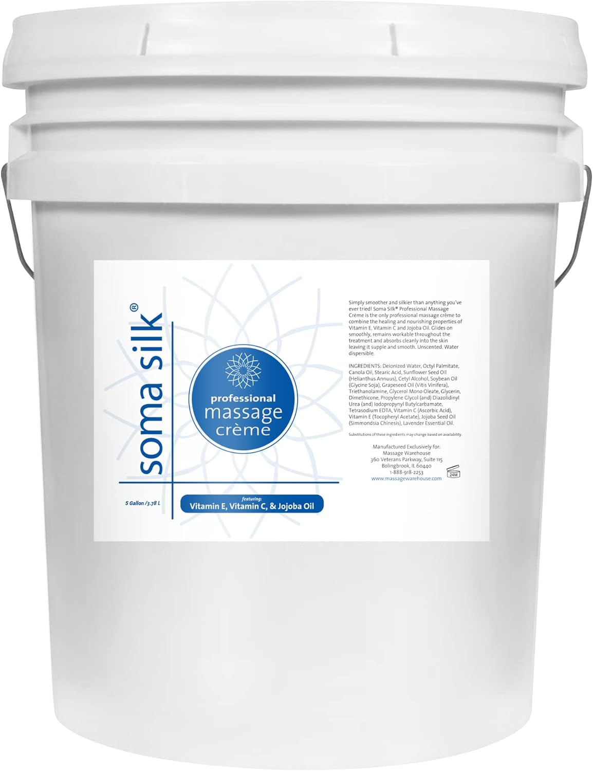 Soma Silk – Crema de masaje profesional de 5 galones, textura suave y sedosa, crema de masaje rica en humedad, aceites de caléndula y jojoba para