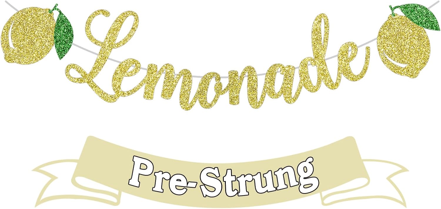 Cartel de limonada, decoración de soporte de limonada dorada con purpurina, guirnalda temática de limón, suministros para fiesta de cumpleaños de