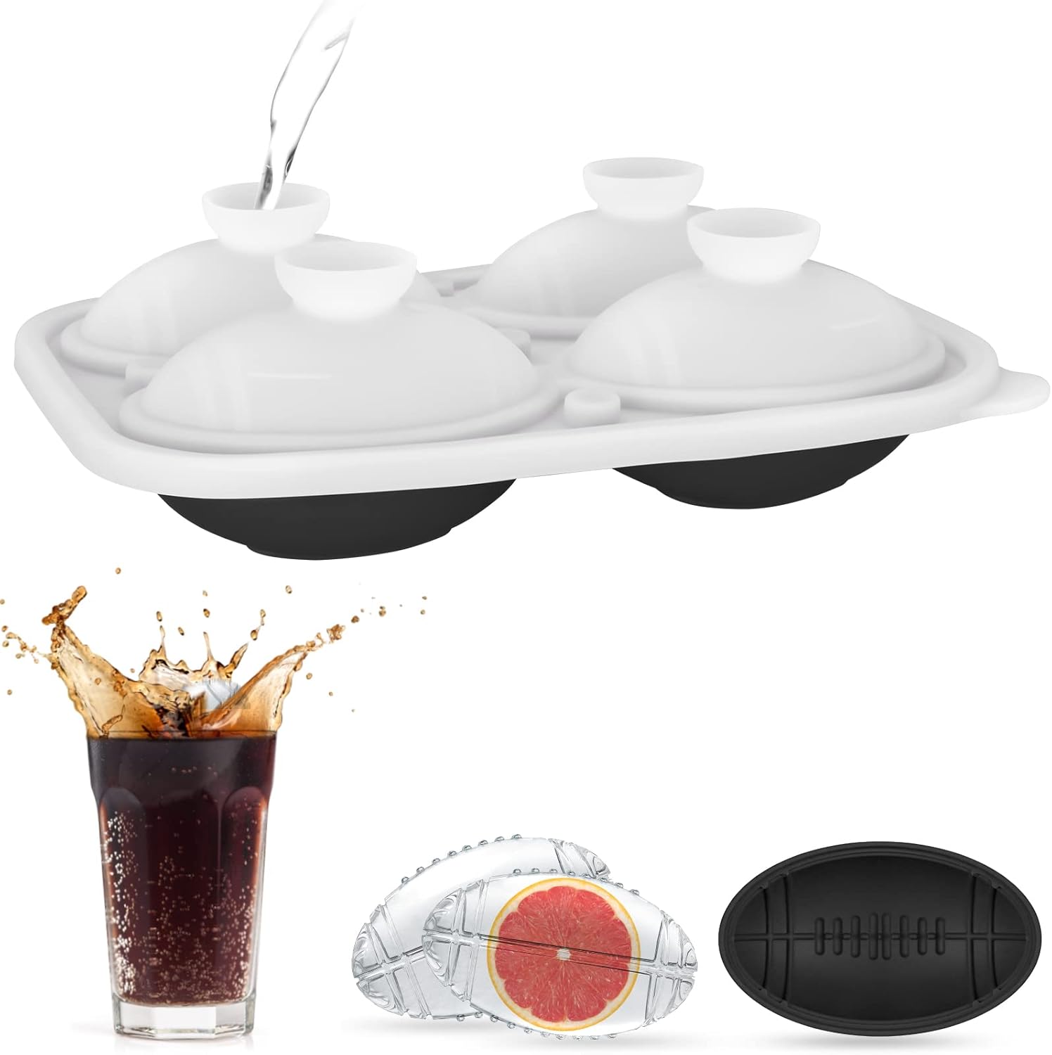 Koilox Moldes de bolas de rugby 3D, bandejas de cubitos de hielo de silicona negra, 4 moldes grandes de bolas de hielo con tapa, de fácil