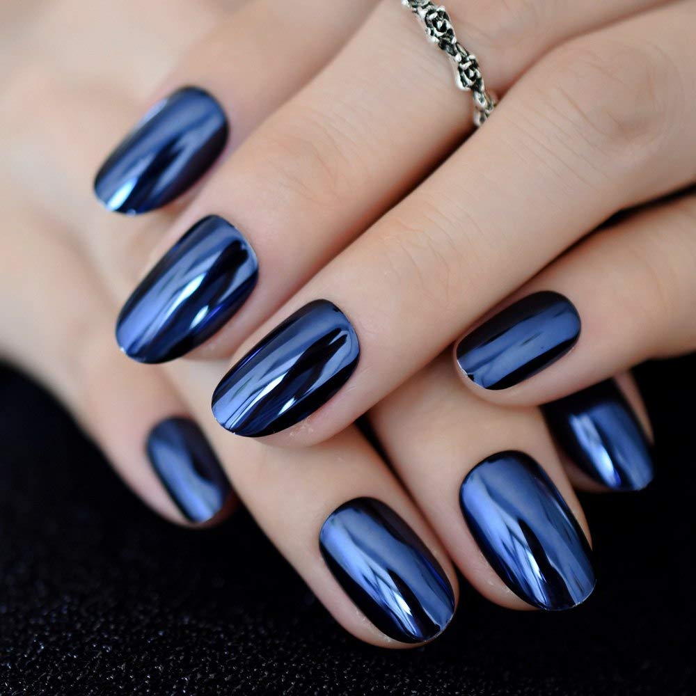 Coolnail Espejo metálico brillante azul gris mezcla de uñas postizas de metal azul ovalado redondo uñas postizas manicura uñas completas consejos de