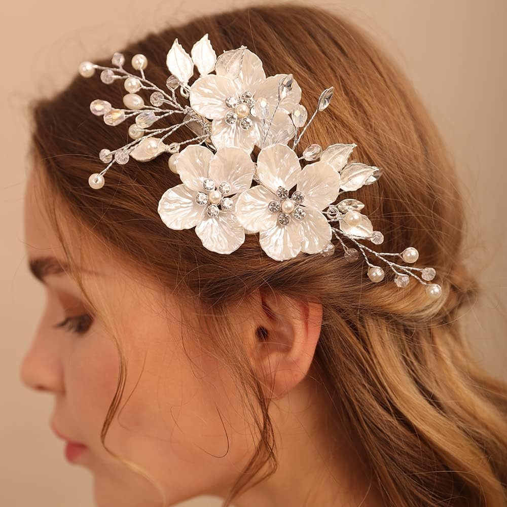 Jumwrit Pinza para el pelo nupcial con diamantes de imitación, pinza de pelo de flor blanca para novias, damas de honor, tocado de perlas hechas a