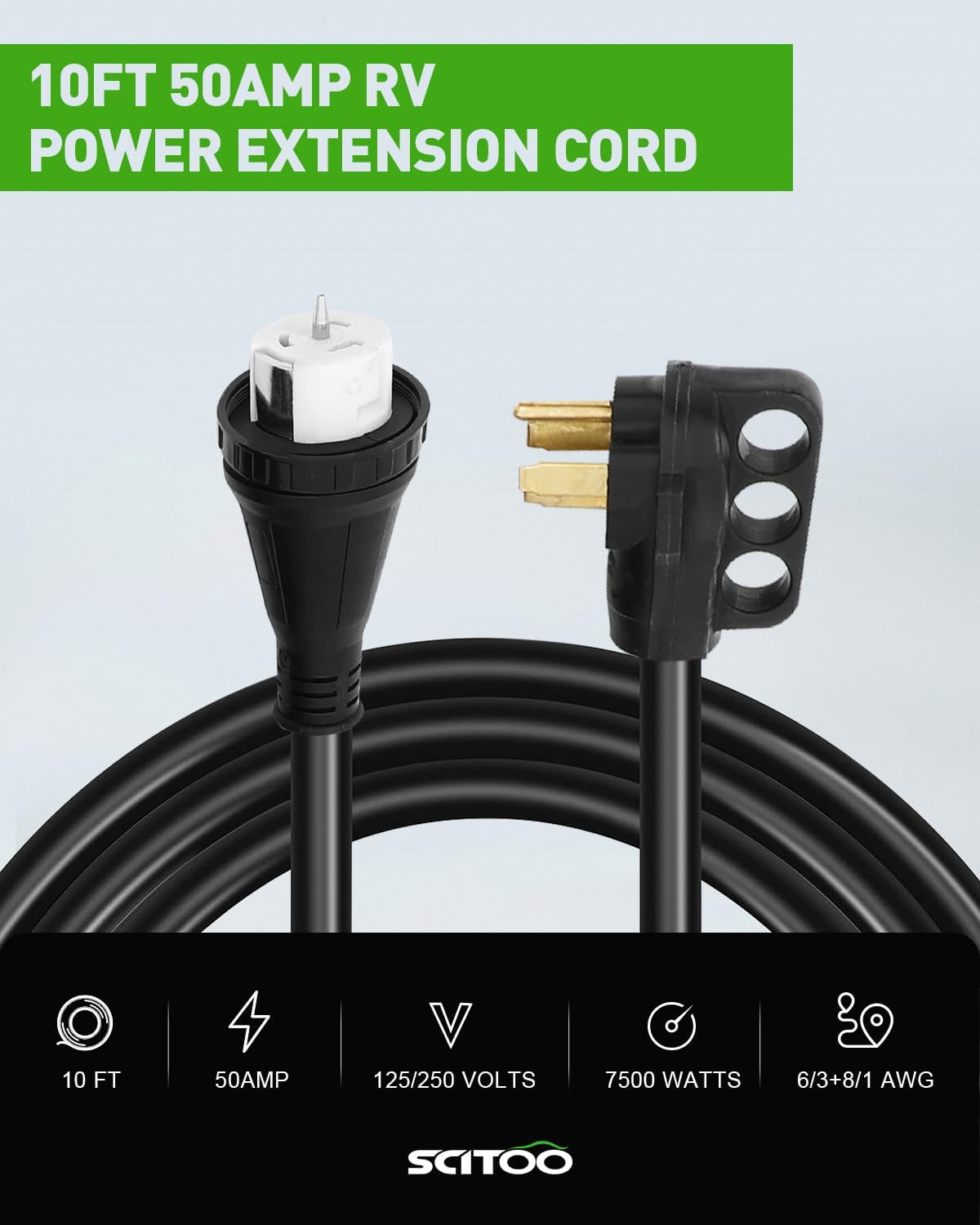 SCITOO Cable de extensión RV de 50 amperios de 10 pies, resistente 10AWG3C AWG con mango de agarre, organizador de cable de bloqueo giratorio,