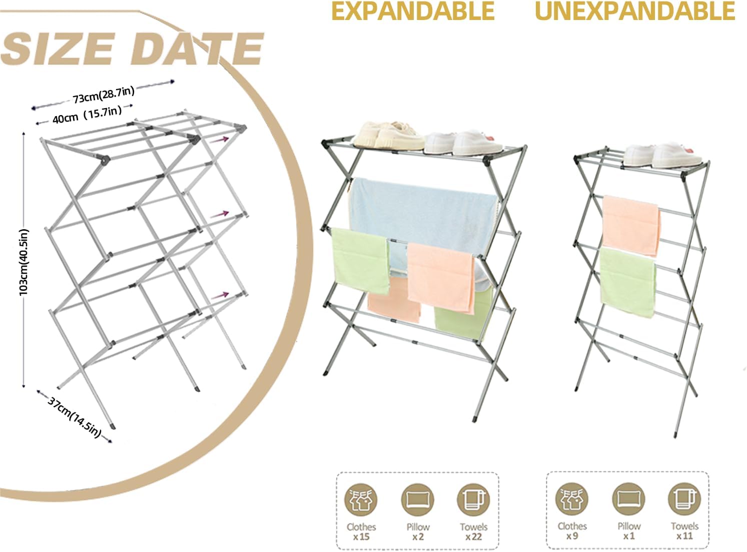 Estante de secado de ropa, estante plegable de 3 niveles, doble prevención de óxido, estante de lavandería móvil y expandible para el hogar al aire