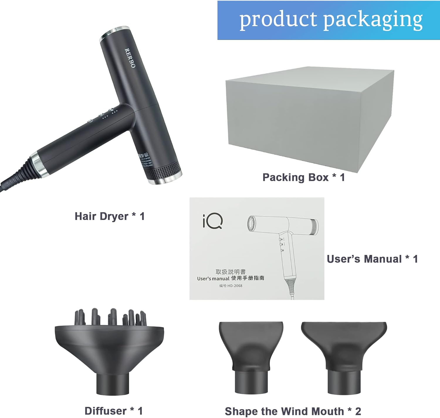 RERBO – Secador de pelo con difusor, secador iónico de 110,000 rpm, secador de pelo portátil profesional para el hogar, viajes y salón de belleza