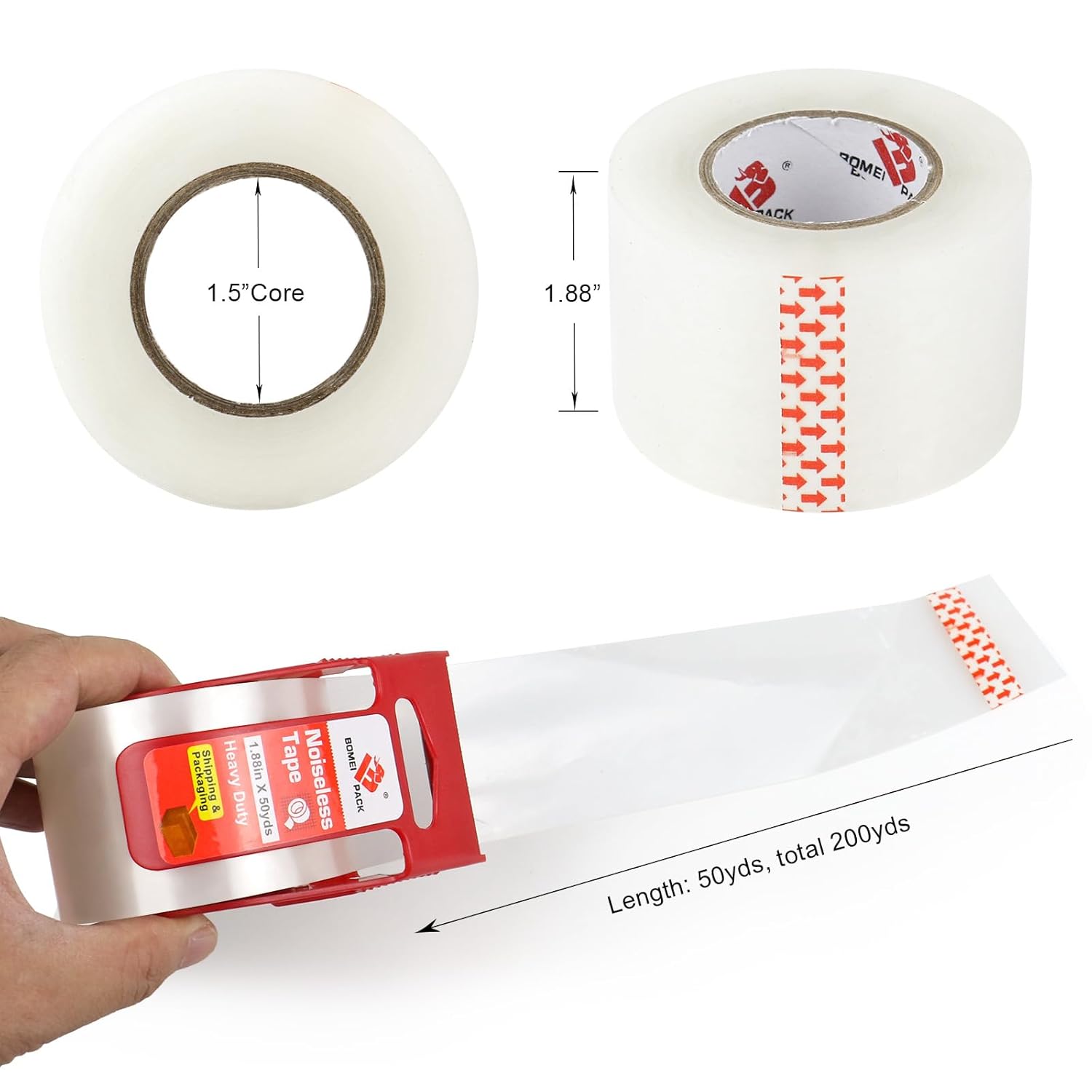 BOMEI PACK Recambios de cinta de embalaje resistente y silenciosa, 1.88 pulgadas x 50 yardas, para envío, correo, mudanza y almacenamiento, repuesto