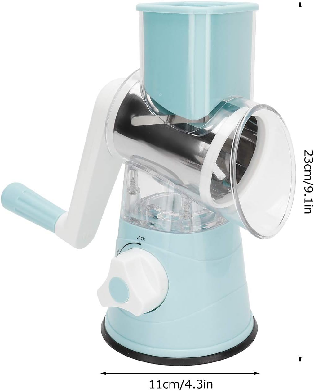 Rallador rotativo de queso, cortador manual de verduras, base de succión, 3 cuchillas intercambiables de acero inoxidable, molinillo de nuez, caja
