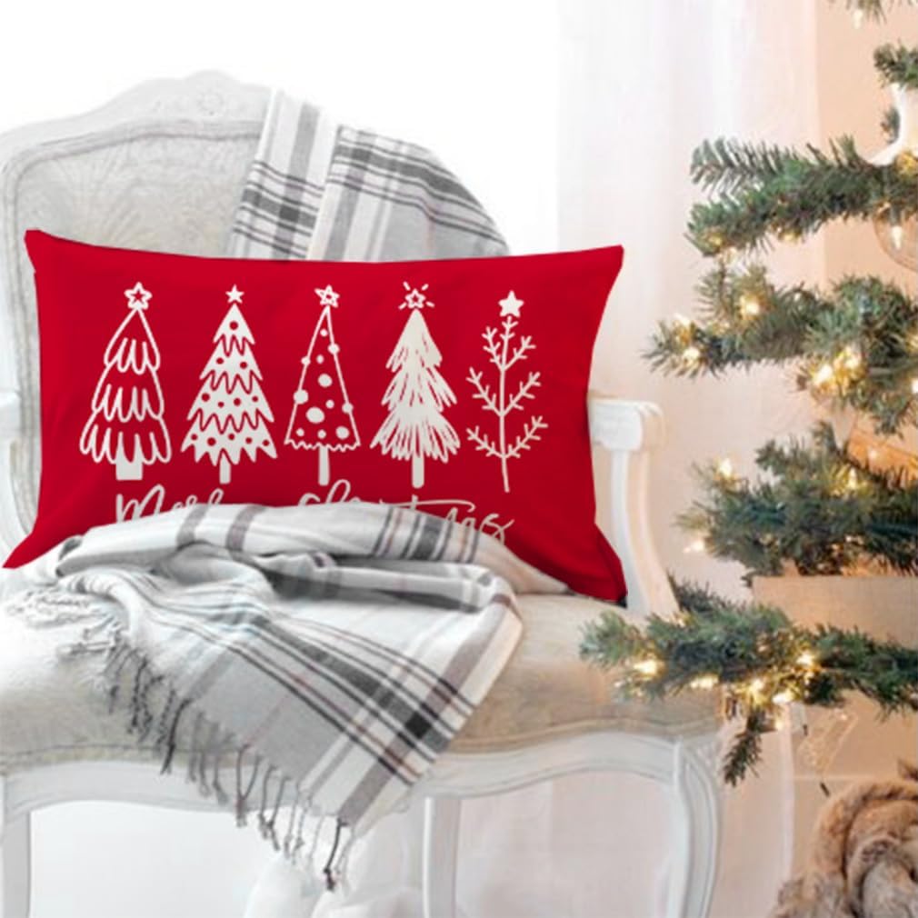 Fundas de almohada de árbol de Navidad de 12 x 20 pulgadas, almohadas lumbares rojas de Navidad, fundas decorativas modernas de casa de campo,