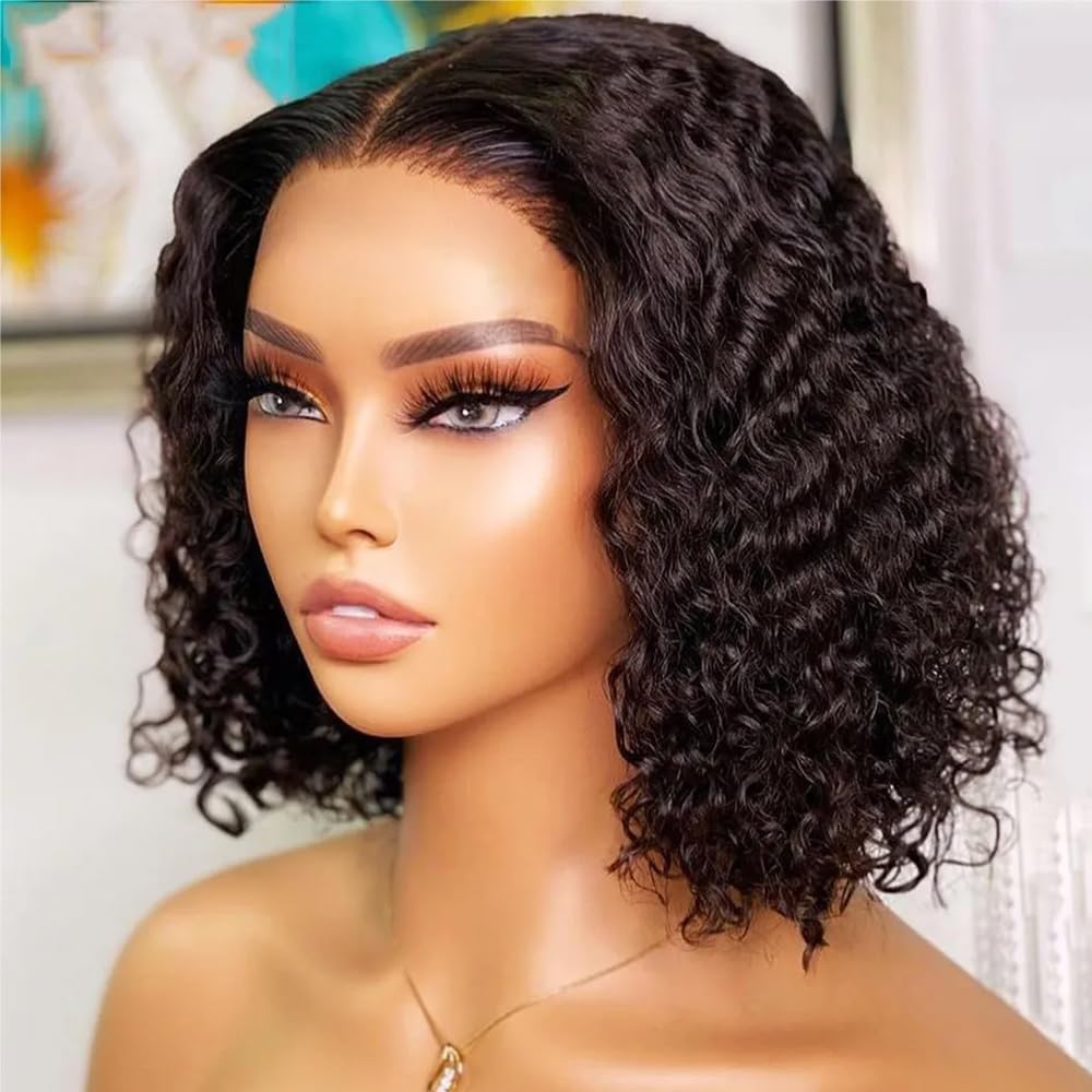 Xinjiju Peluca sin pegamento, pelucas cortas y rizadas estilo Bob para mujeres negras, cabello humano sin pegamento, 6 x 4, sin pegamento, peluca