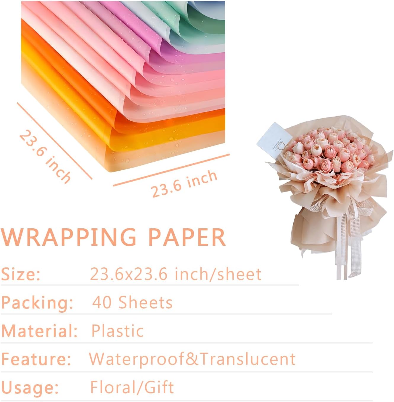 BBJ WRAPS Papel de regalo de flores translúcido para floristería, papel de regalo resistente al agua y duradero para arreglos florales en el día de