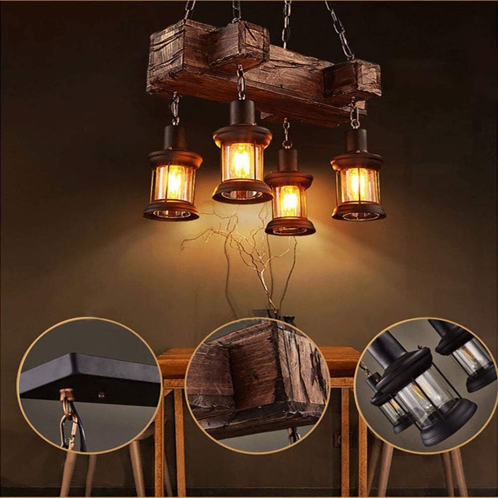 Lámpara colgante colgante de madera vintage industrial Retro Loft Lantern Candelabro 4 luces de suspensión para cafetería, restaurante (1)