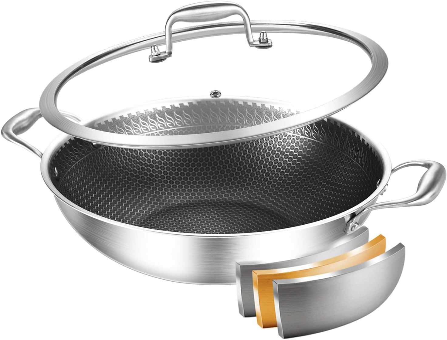 DELARLO Wok Pan de 12 pulgadas con tapa, acero inoxidable de tres capas, antiadherente, apto para horno hasta 600F, capacidad de 5 cuartos de galón,