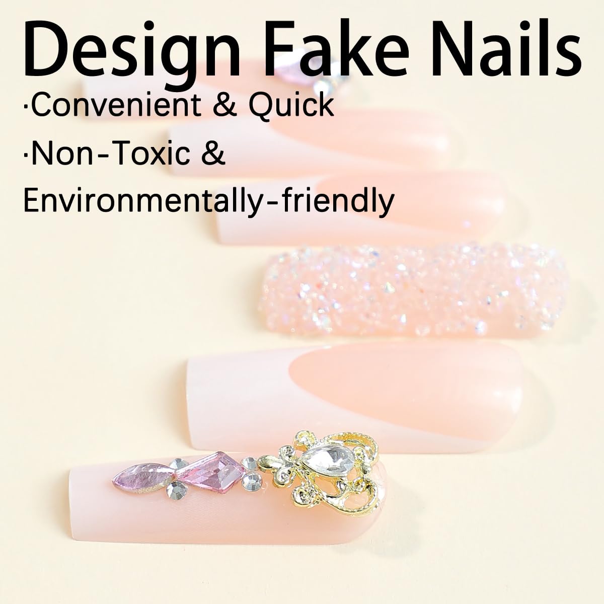 Uñas postizas largas cuadradas a presión con diamantes de imitación con diseño de amor, uñas postizas de punta francesa, uñas postizas acrílicas