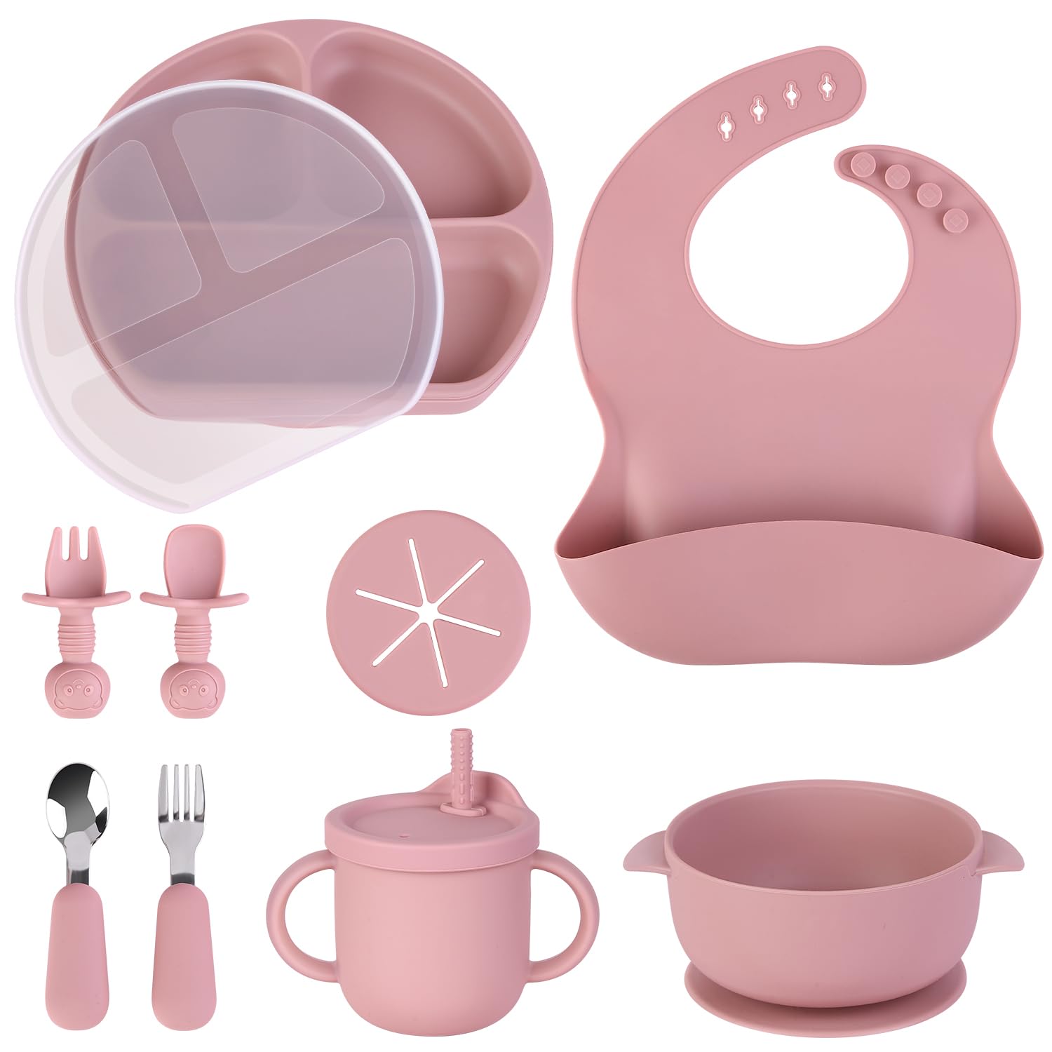 Juego de alimentación de silicona para bebés, suministros de destete para bebés, vajilla de primera etapa para niños pequeños con placa y tapa