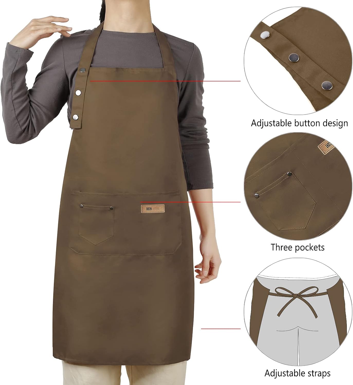 Delantal ajustable con botones para mujeres y hombres, artistas, pintura, cerámica, jardín, cocina, chef, 3 bolsillos, impermeable, M-XXL