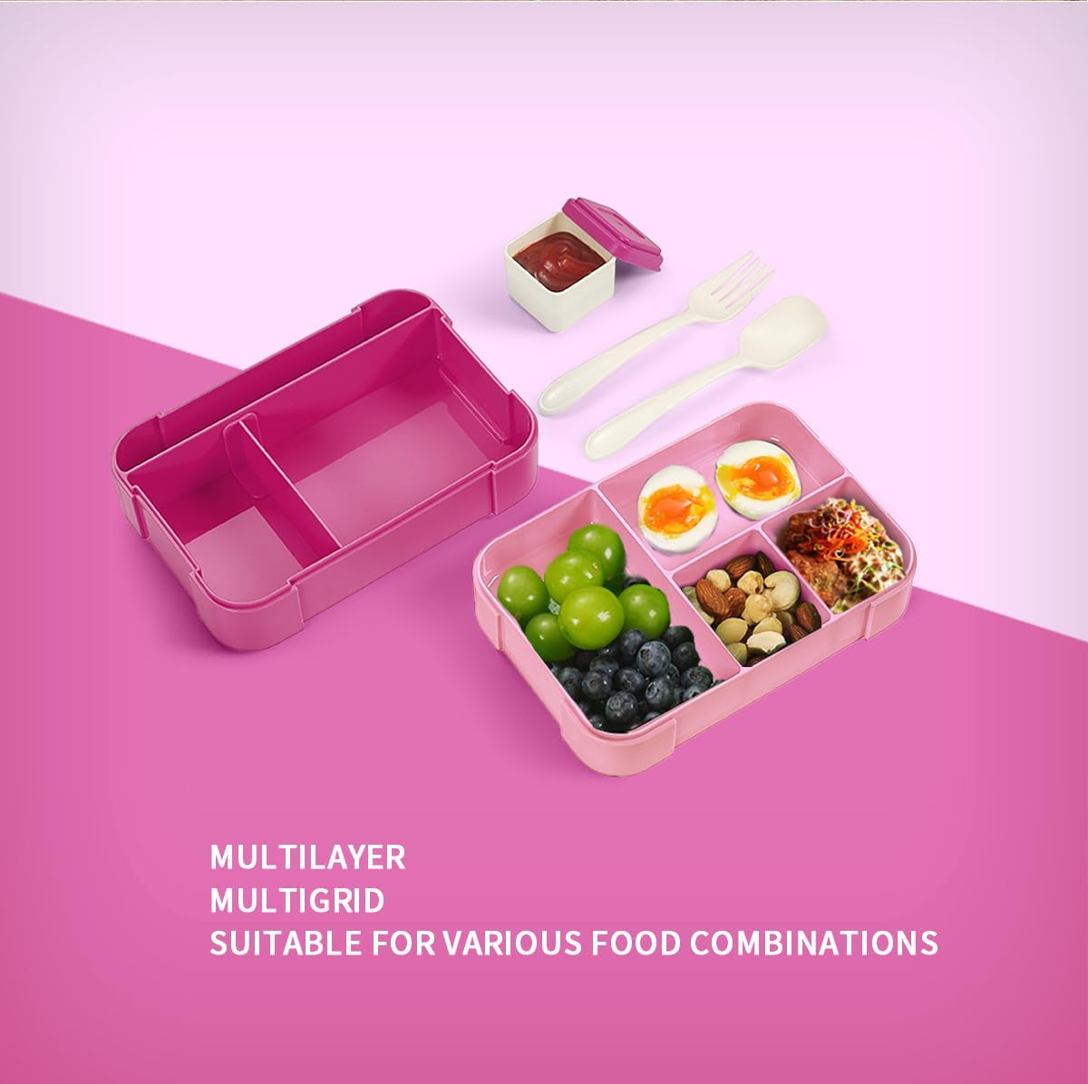 Lonchera Bento para niños, bandeja apilable a prueba de fugas, lonchera Bento de 7 compartimentos con recipientes para salsa a prueba de fugas,
