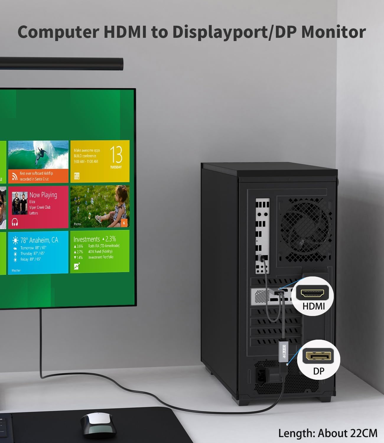 Adaptador HDMI a Displayport, 4K 60Hz HDMI activo macho a DP hembra adaptador convertidor de alta velocidad HDCP 2.2 cable para PC, NVIDIA, AMD, NS,