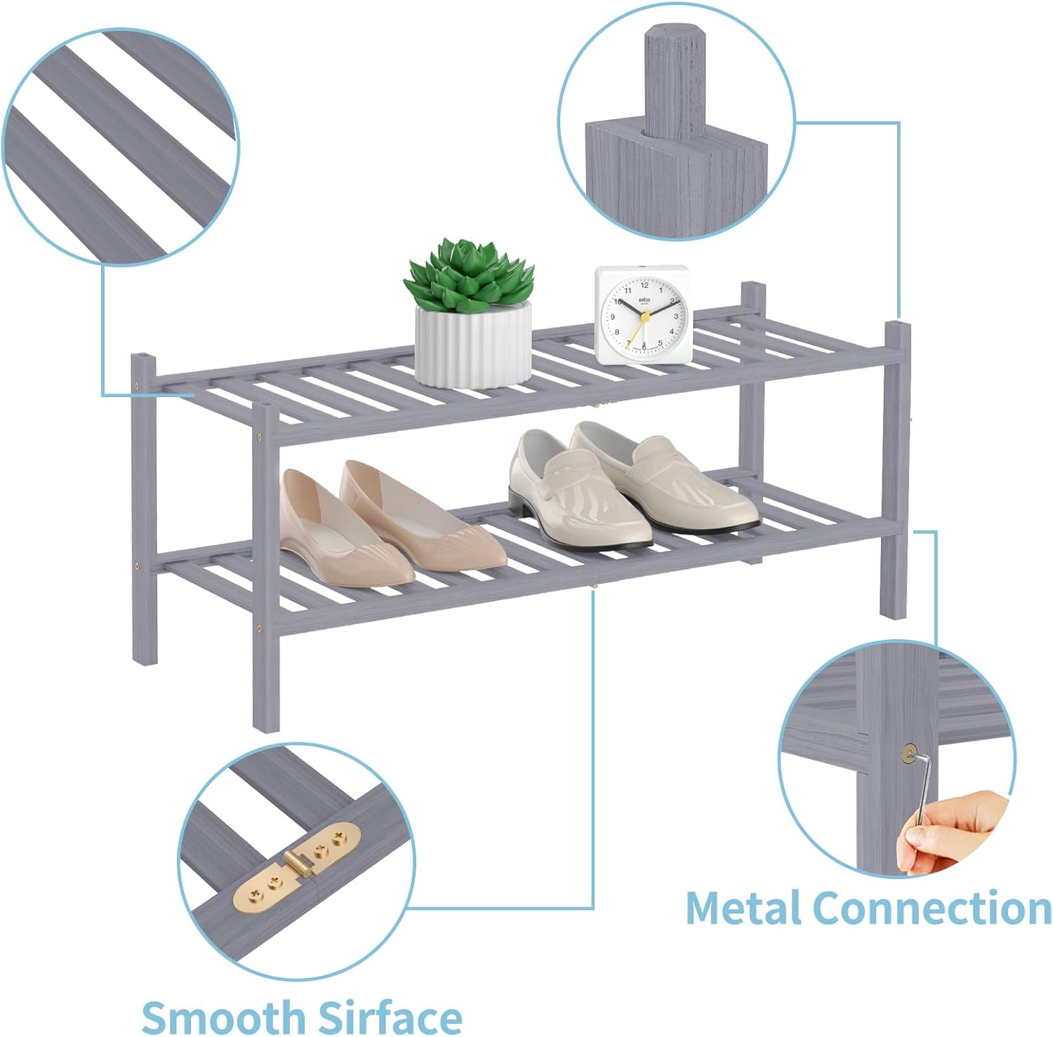 Zapatero de bambú natural de 2 niveles, estante de almacenamiento apilable con combinaciones multifunción, zapateros independientes para una cómoda