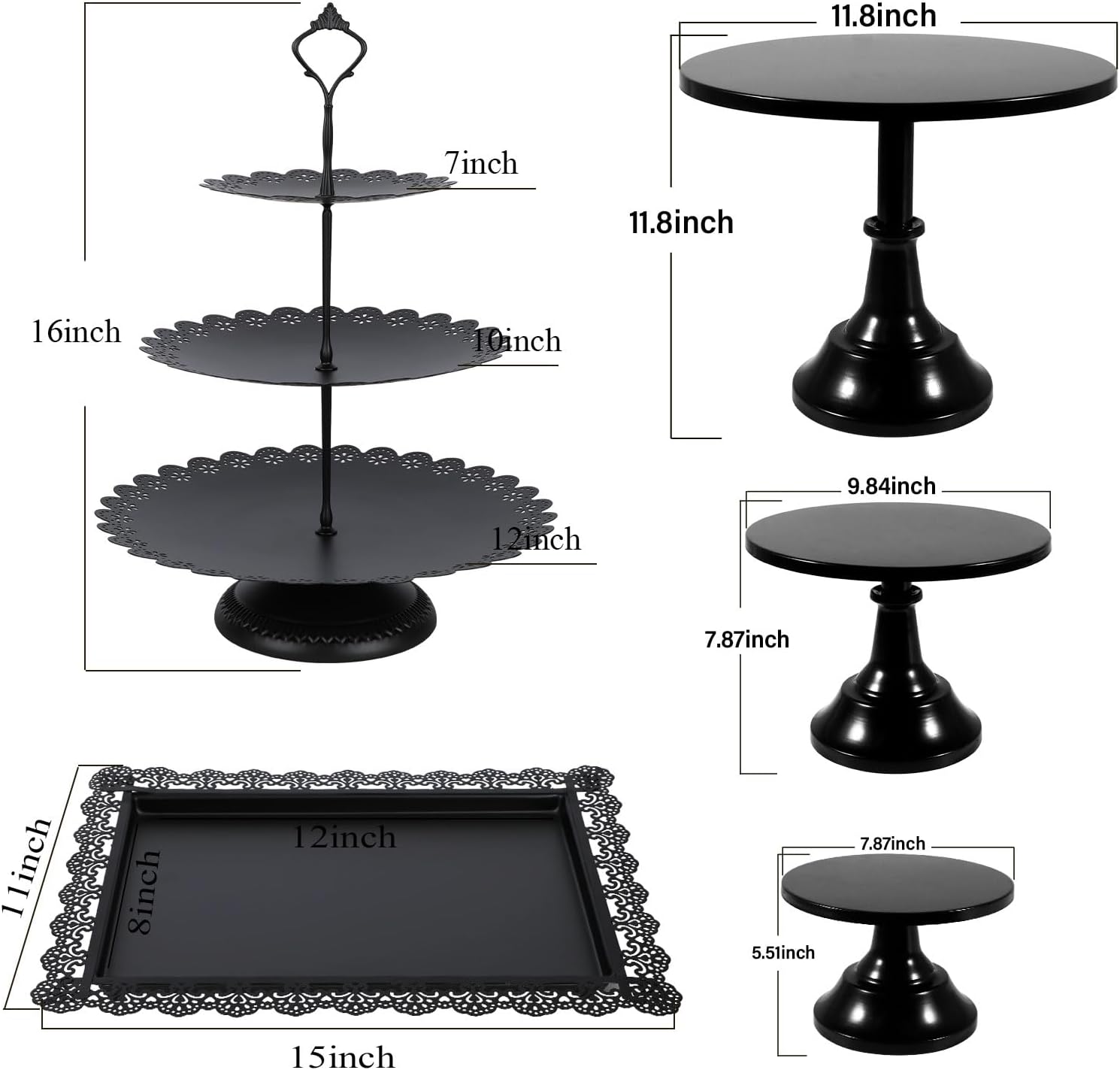 tchrules Juego de soportes negros para tartas, soportes de exhibición de mesa de postres de metal, soporte escalonado para cupcakes con bandejas de