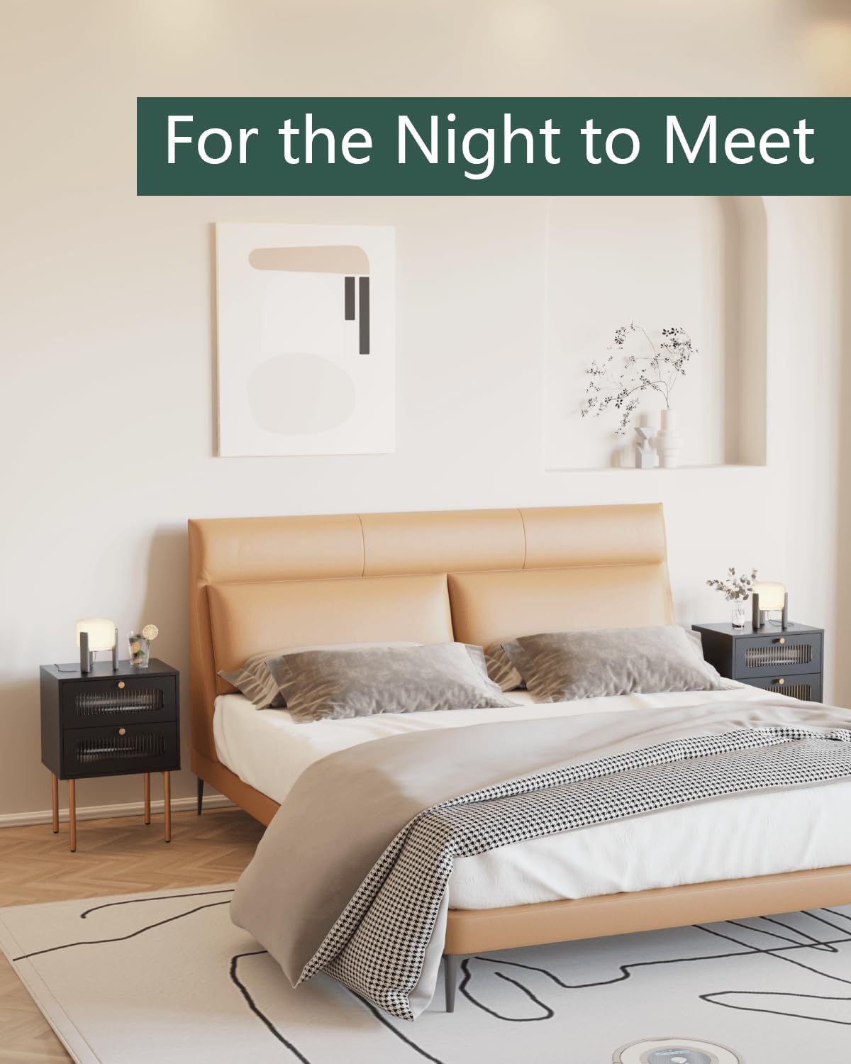 Mesita de noche negra, mesita de noche moderna de mediados de siglo para espacios pequeños, mesita de noche pequeña con cajones para dormitorio,