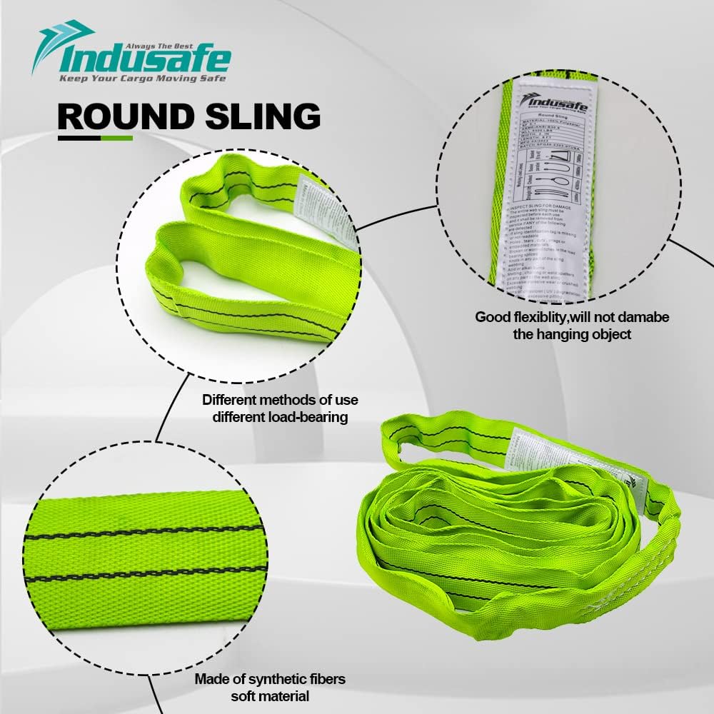 Indusafe Correas de elevación redondas sin fin de poliéster verde, 9 pies de longitud, 5,300 lb. Capacidad vertical, cesta de 10,600 libras