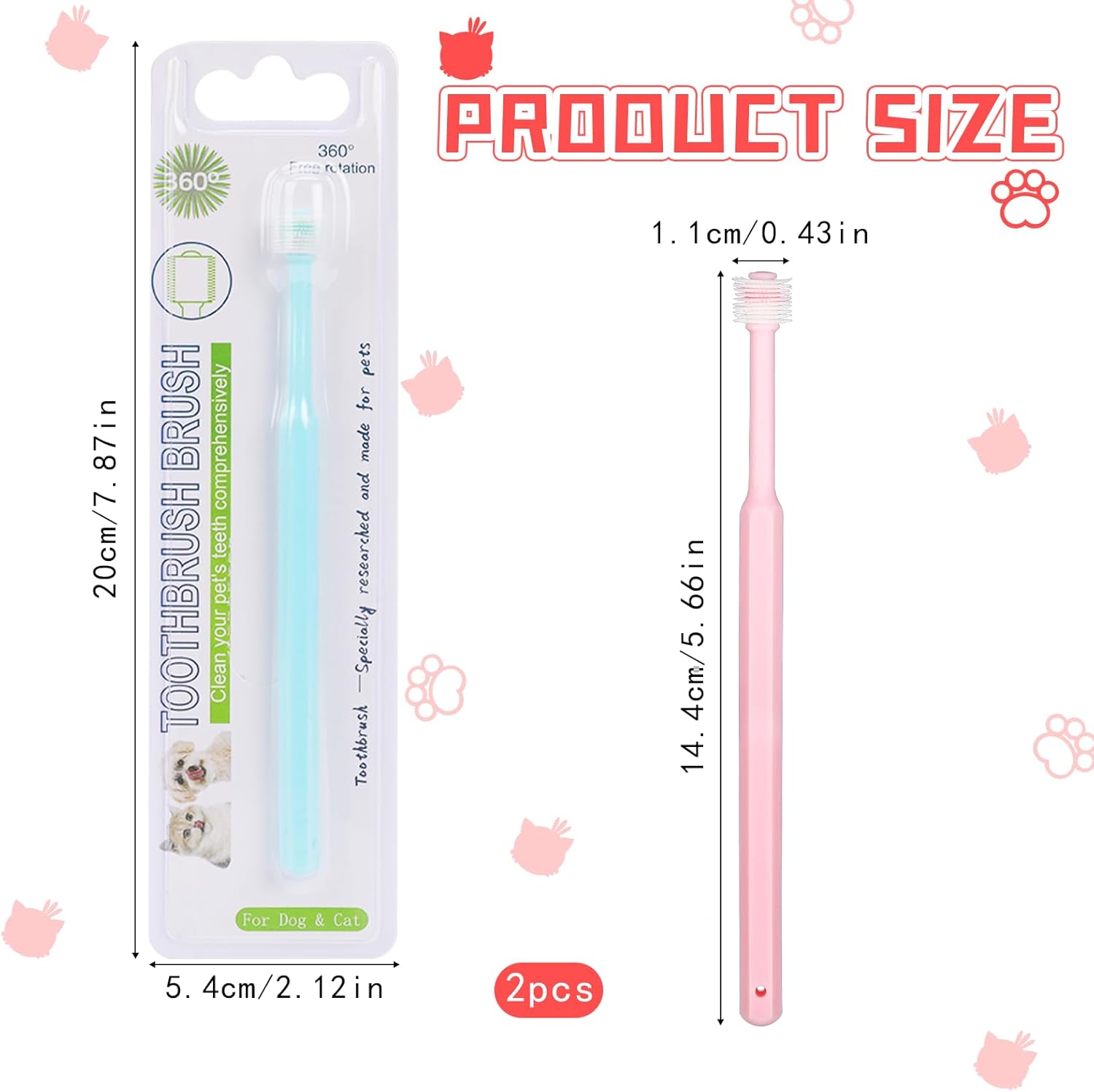Mozeat Lens Cepillo de dientes pequeño para perros y gatos, paquete de 2 cepillos de dientes de silicona suave de 360 grados, para el cuidado dental