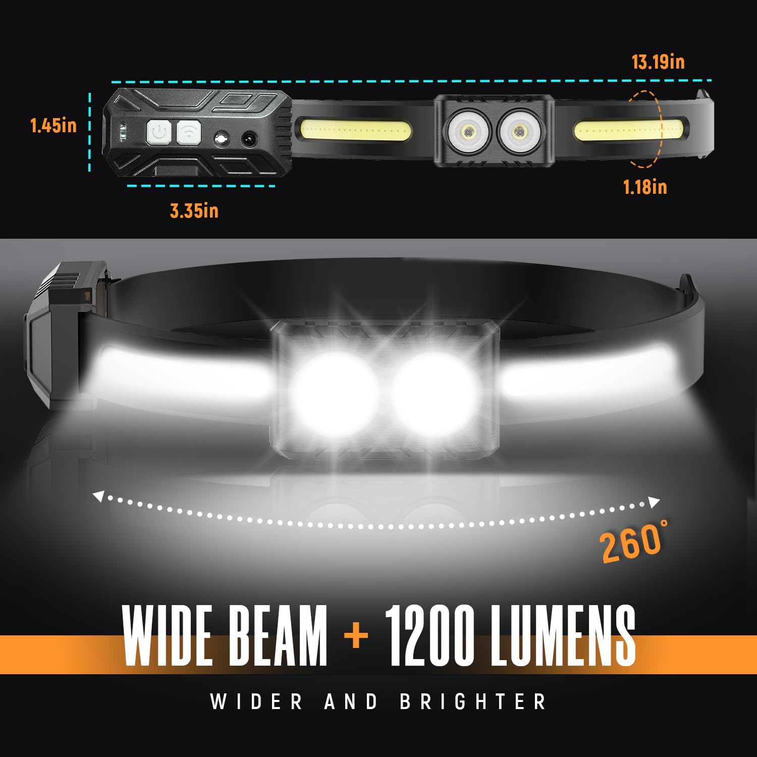 Linterna frontal recargable, 270 de haz ancho LED con sensor de movimiento para adultos, linterna de cabeza impermeable, 9 modos de iluminación,