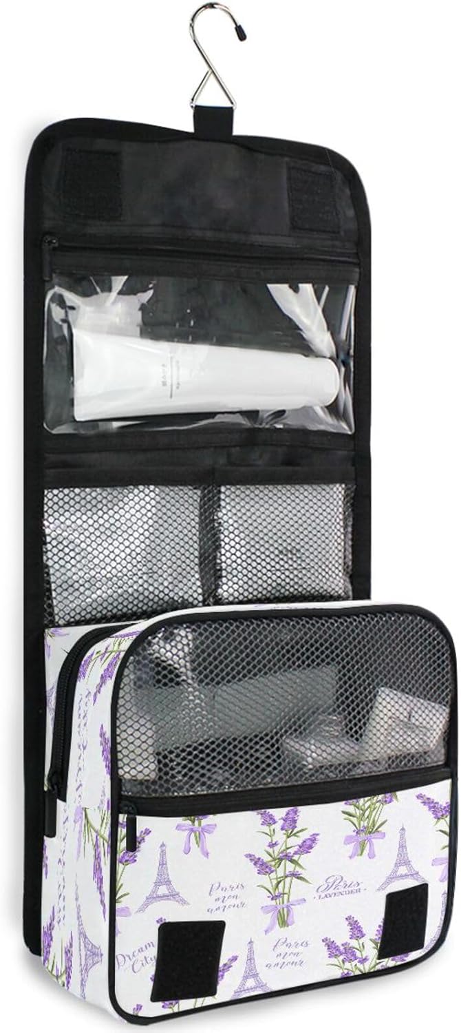 Neceser colgante, lavanda de París, Torre Eiffel, acuarela, hojas, palmeras, árbol, bolsa de maquillaje portátil, organizador de viaje para mujeres