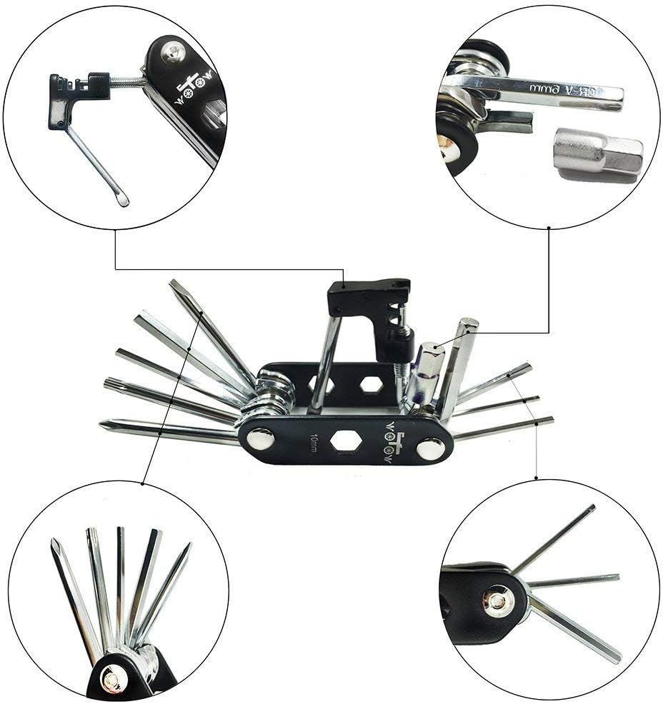 WOTOW Kit de herramientas de reparación de bicicletas y bolsa de sillín de bicicleta, herramienta de cadena de bicicleta 14 en 1, llave hexagonal,