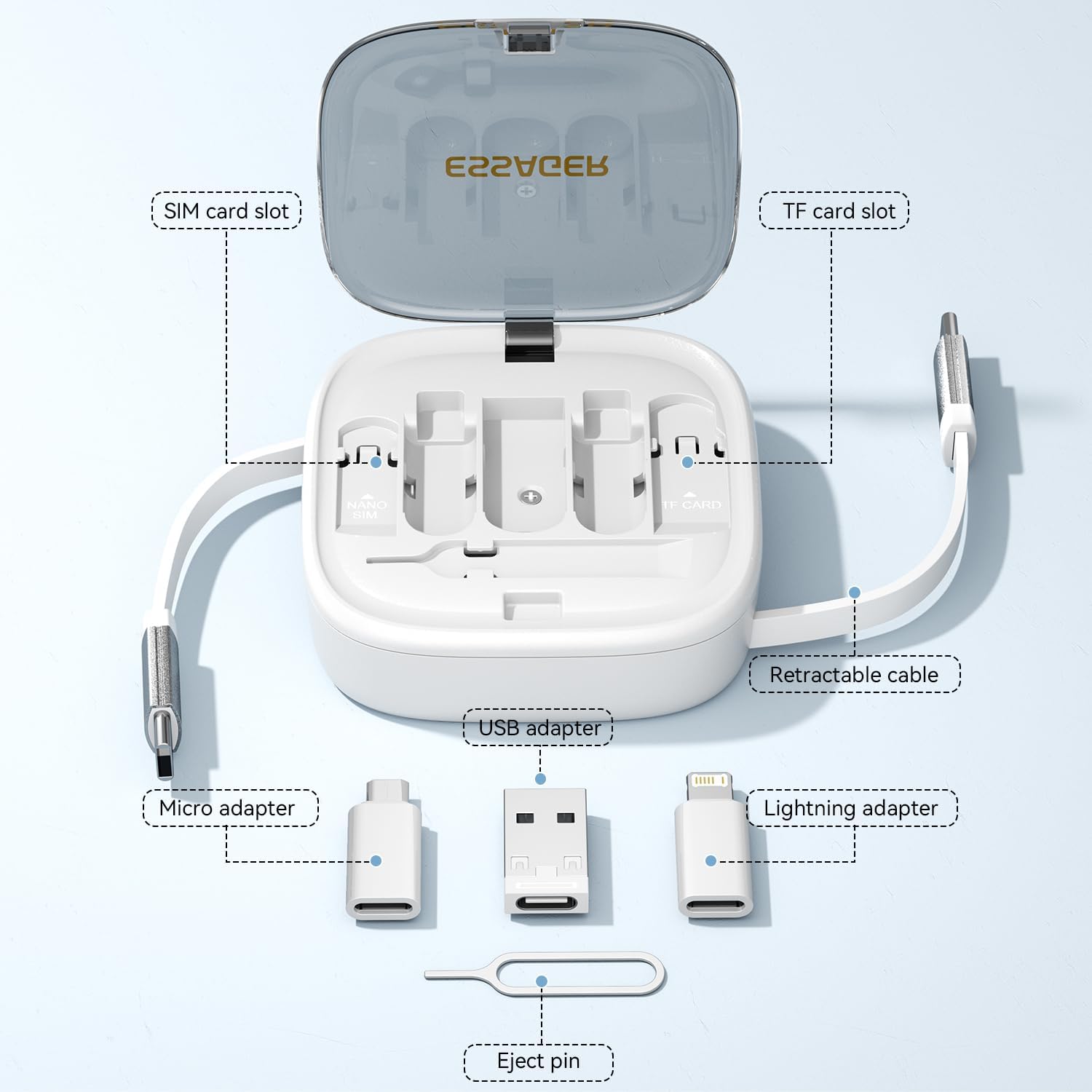 ESSAGER Kit de cables de carga retráctiles con adaptador USB C a iluminación, USB-A y tipo C a tipo CMicroiluminación, transferencia de datos, caja