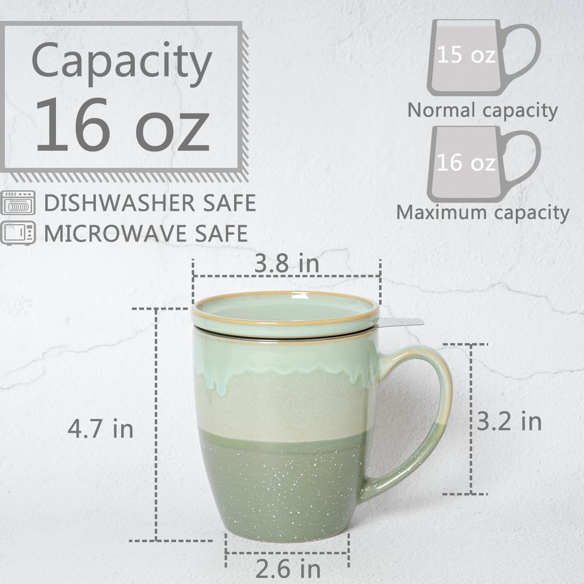 Bosmarlin Taza de té de cerámica con infusor y tapa, 16 onzas, 4 colores para elegir, apta para lavavajillas y microondas, taza de té con colador,