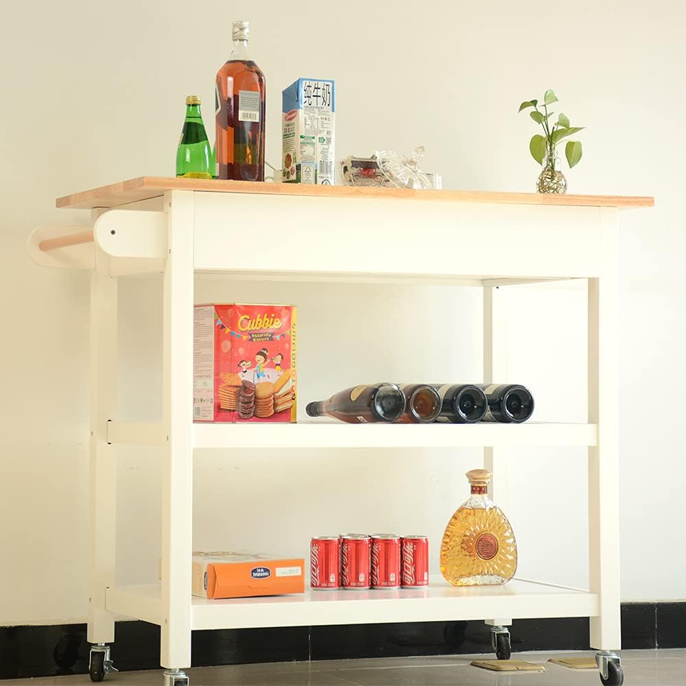 GLANZEND Carrito de isla de cocina, isla de cocina móvil con estante de almacenamiento, cajón, 2 ruedas con cerradura, parte superior de madera de