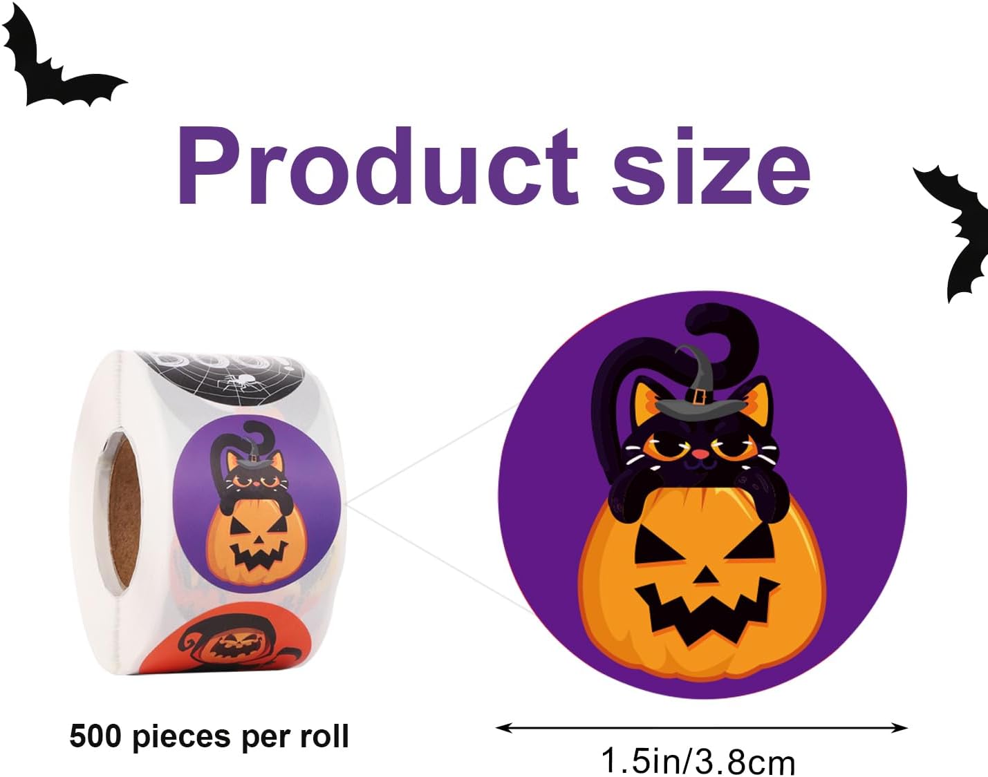 500 calcomanías de Halloween de 1.5 pulgadas, 8 colores y diseños, calcomanías redondas de Halloween, calcomanías de calabaza, murciélago, araña,