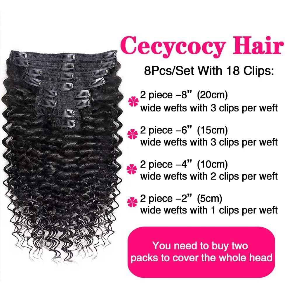 Extensiones de cabello humano ondulado profundo con clip para mujeres negras, 8 piezas, 18 clips, doble trama, extensiones de cabello humano
