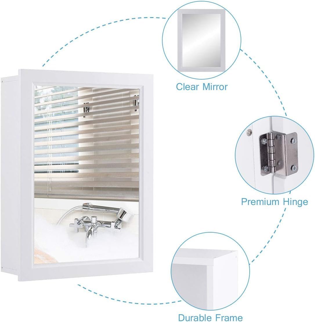 GOFLAME Botiquín de baño, armario de almacenamiento con espejo de montaje en pared con una sola puerta y estante ajustable, organizador de madera