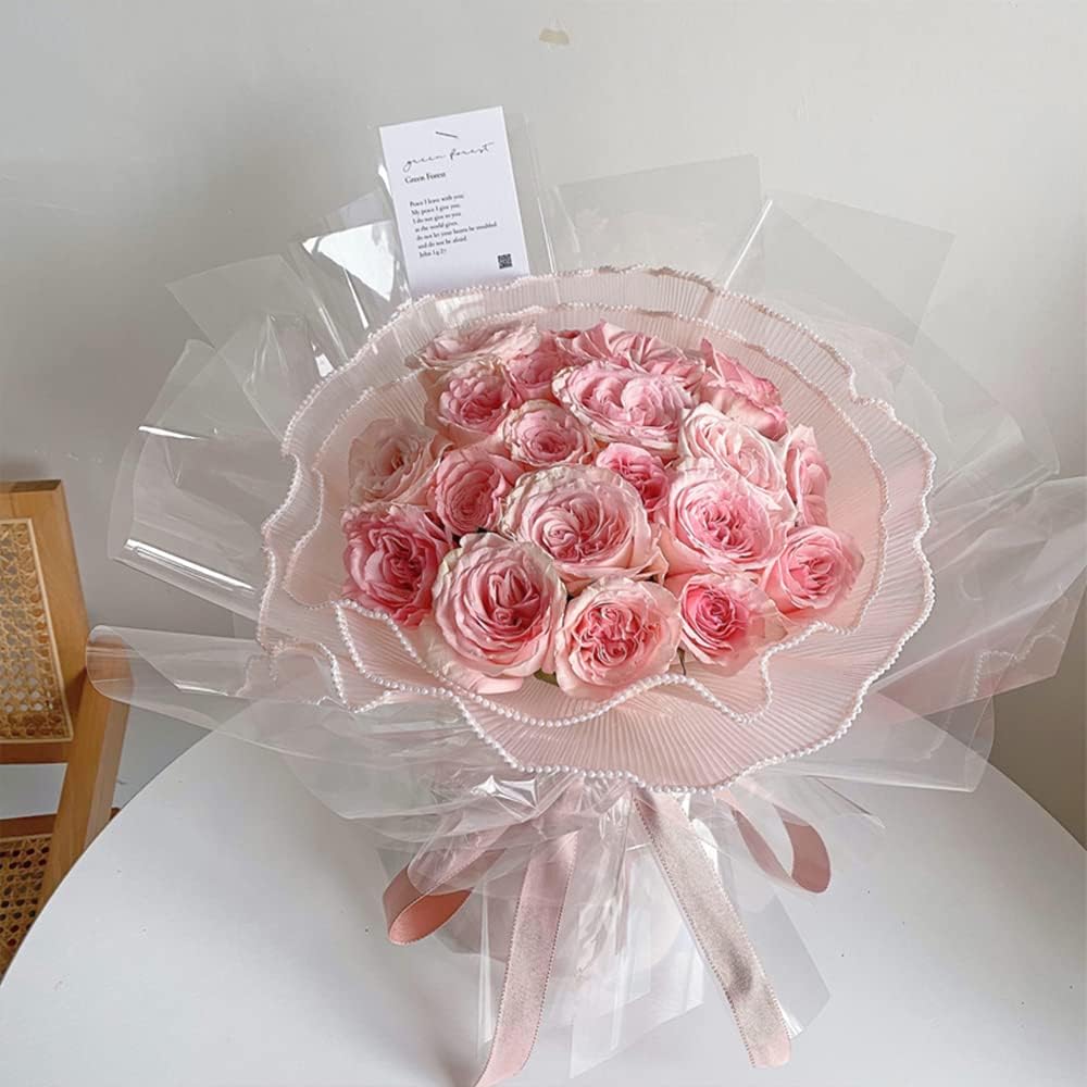 BBJ WRAPS Malla de envoltura de ramo de flores de gasa con perlas, hilo ondulado arrugado, floristería, embalaje floral para el día de San Valentín,
