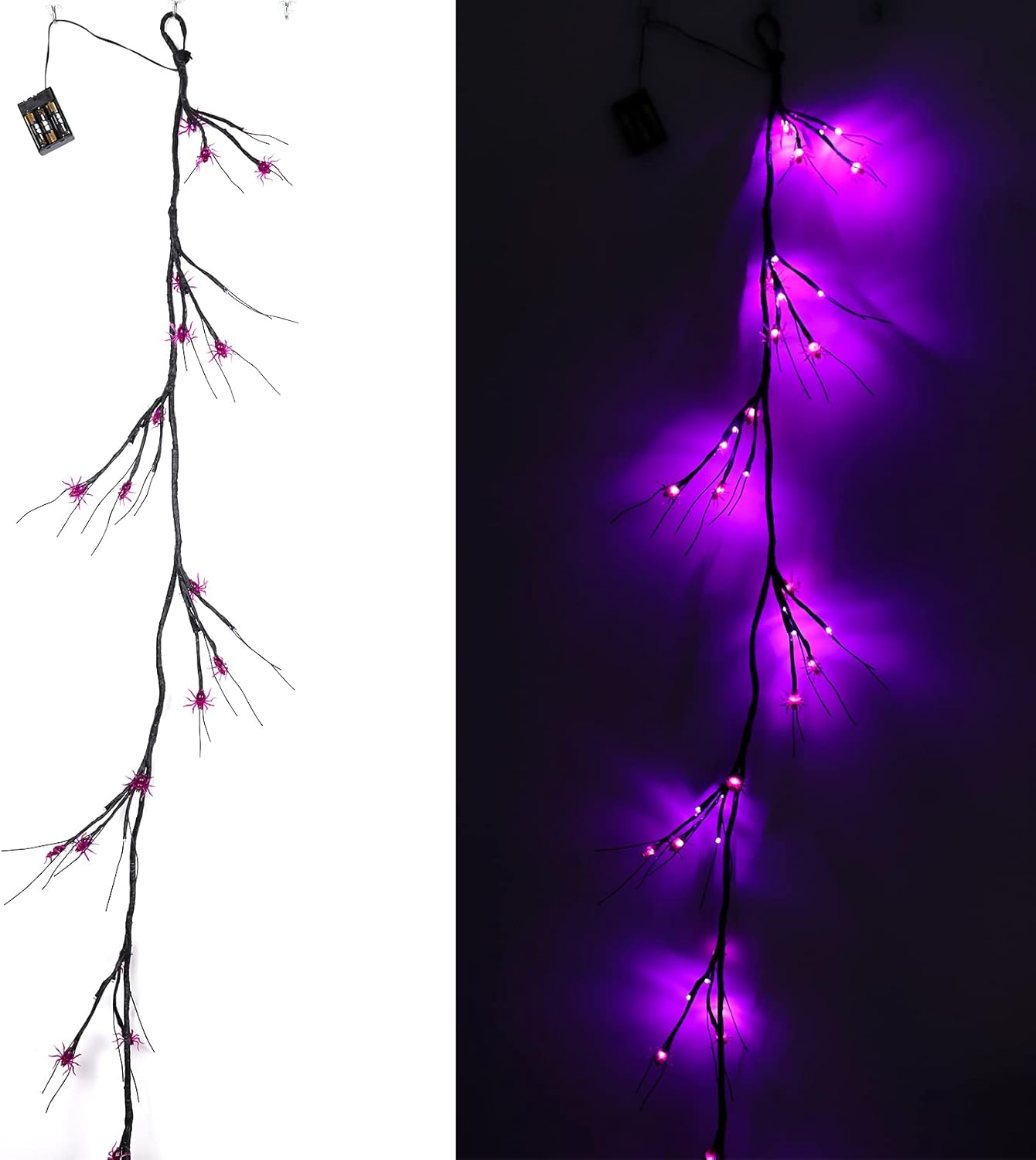 Guirnalda de luces de Halloween para decoración de Halloween, luces de araña de 6.5 pies, 48 LED, funciona con pilas, ramas de araña de Halloween,
