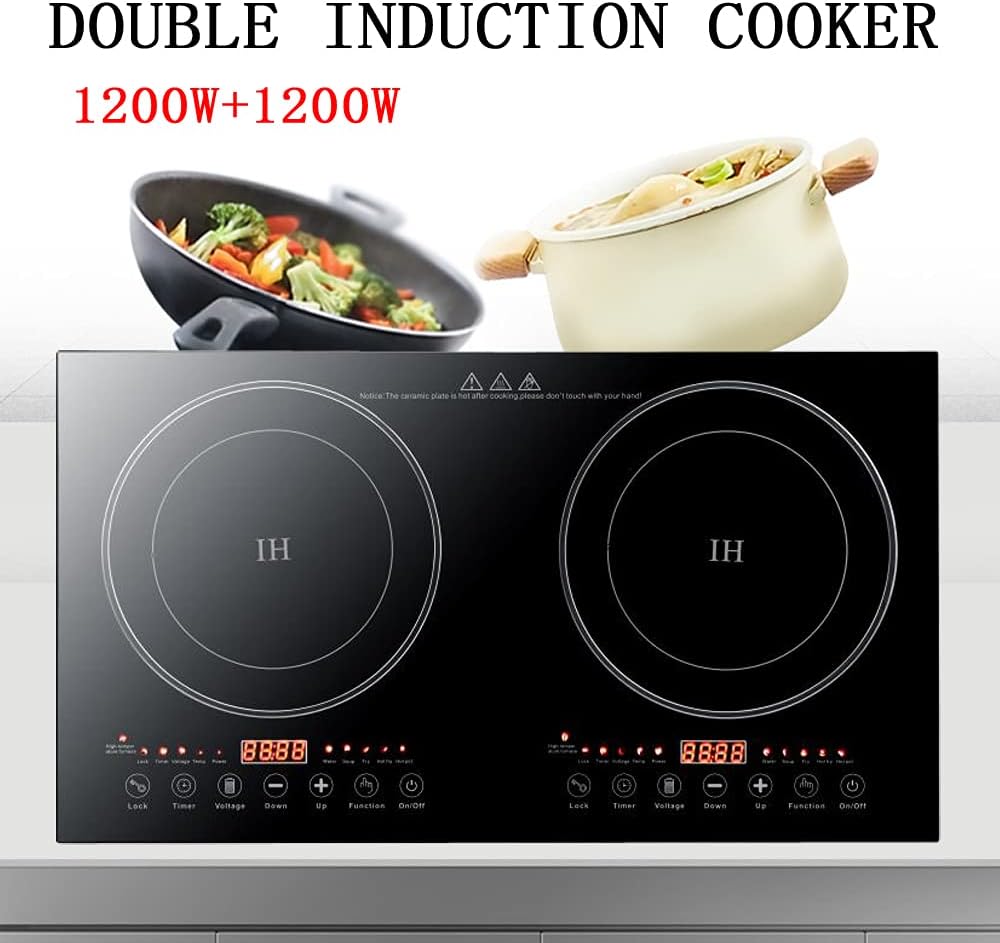 Placa de cocina eléctrica, 2 quemadores, doble inducción de cocina portátil 110 V 1200 W, quemadores de estufa eléctrica dobles con 8 engranajes de