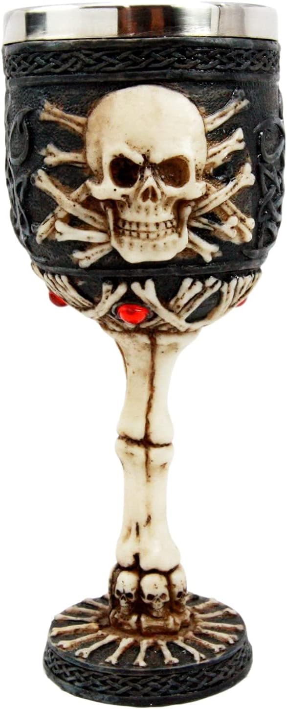 Ebros Gift Árbol esquelético de la vida, cráneo, esqueleto, cruz, huesos, espinas y costillas con gemas rojas, pequeño de 6 pulgadas de alto, copa