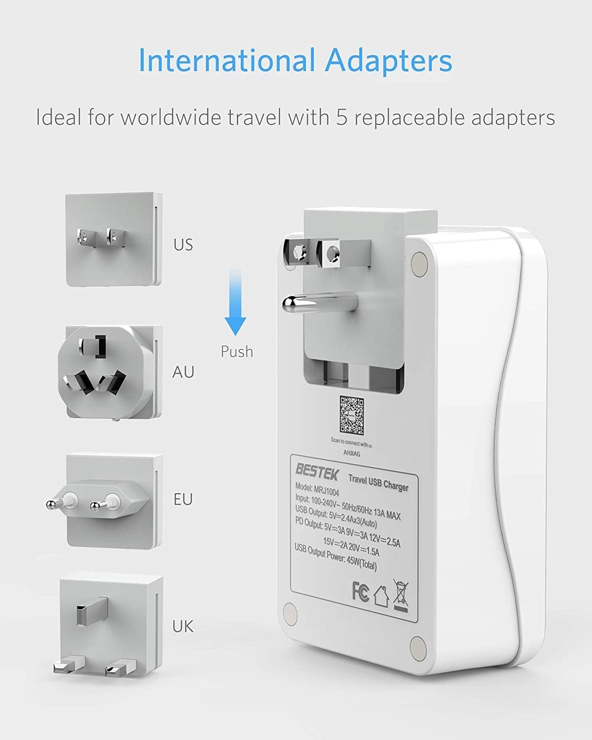 BESTEK Adaptador de viaje internacional, adaptador de viaje convertidor de 3000 W para secador de pelo, cargador de pared de viaje USB con enchufes