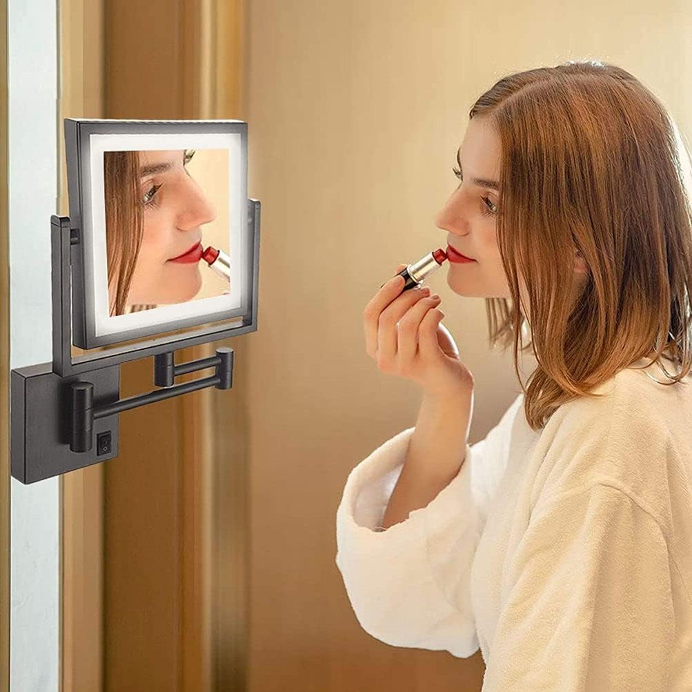 Espejo de maquillaje montado en la pared con luces y aumento 3X, espejo de tocador cuadrados de doble cara de 8 pulgadas con brazo extensible,